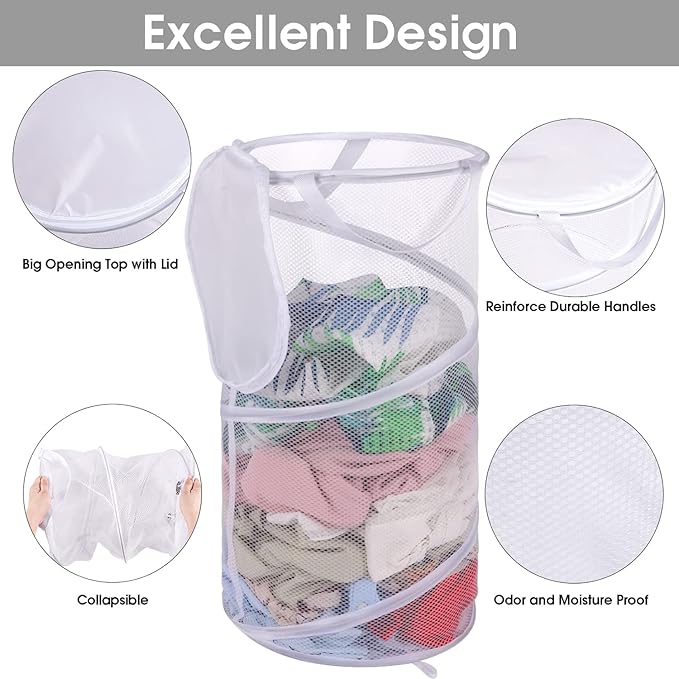 BATTOO Collapsible Laundry Basket with Lid Foldable Mesh Pop Up Hamper with Handles for Laundry Room, Bathroom, Kids Room, Co
