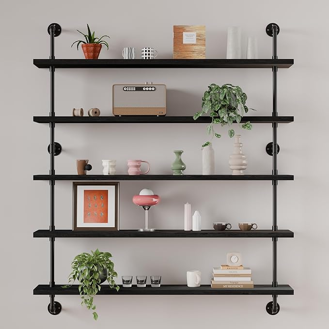 Floating Shelves for Wall Bookshelf Industrial Pipe Shelving Shelves 48 Inch 5 Tier Natural Wood Planks Rustic Wall Shelves H