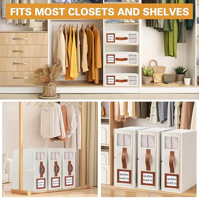 GhvyenntteS Bed Sheet Organizers and Storage 4 Pack (Queen & King Size), Foldable Sheet Organizers and Storage with Window an