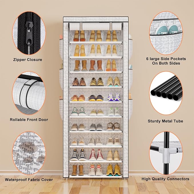 OYREL Shoes Rack 10 Tier Tall Shoe Rack with Storage Pockets, Fabric Covered Shoe Racks,Metal Shoes Rack Organizer for Closet