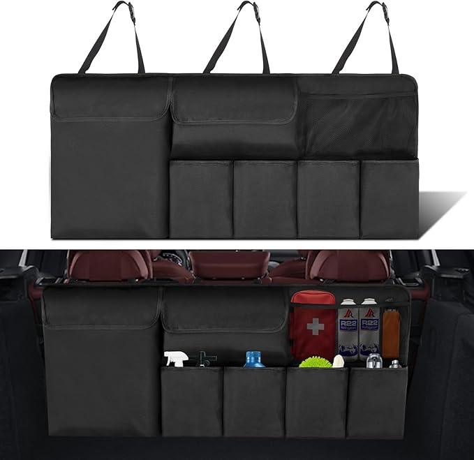 Car Trunk Organizer, Backseat Hanging Organizer with Storage Pockets for SUV, Truck, Van, Collapsible Trunk Organization for