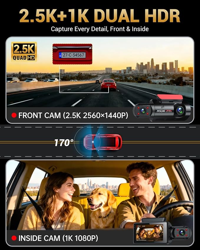 2.5K+1080P Dual Dash Cam Front and Inside, WiFi & GPS Dash Camera for Cars with 32G Card, IR Night Vision, 3" IPS Screen, Ins