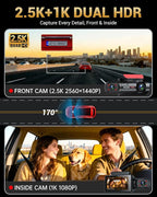 2.5K+1080P Dual Dash Cam Front and Inside, WiFi & GPS Dash Camera for Cars with 32G Card, IR Night Vision, 3" IPS Screen, Ins
