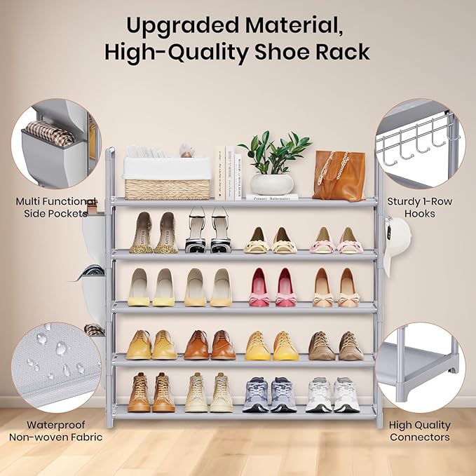 VILICK Shoe Rack for Closet Shoe Organizer Space Saver Storage for 20-25 Pair Shoe Shelf with Hook and Side Pocket Free Stand