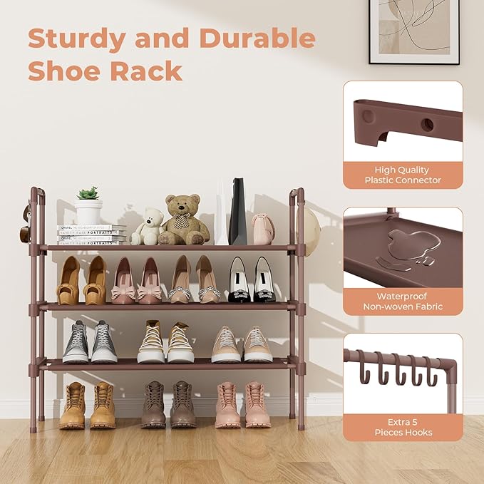 LANTEFUL 3 Tier Shoe Rack for Closet Shoe Organizer with 5 Hooks, Long Shoe Shelf Storage for Shoe and Boot Stackable Free St
