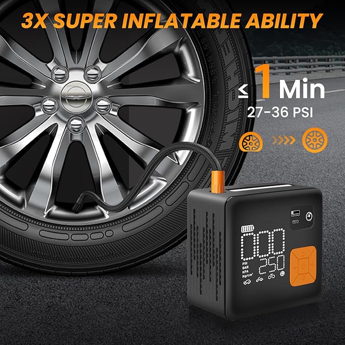 Portable Tire Inflator, 150PSI Fast & Cordless Air Compressor for Car Tires, Heavy Duty Portable Air Pump with LED Light, Digital Gauge, Auto Shut Off for Bikes, Motorcycles, Inflatables