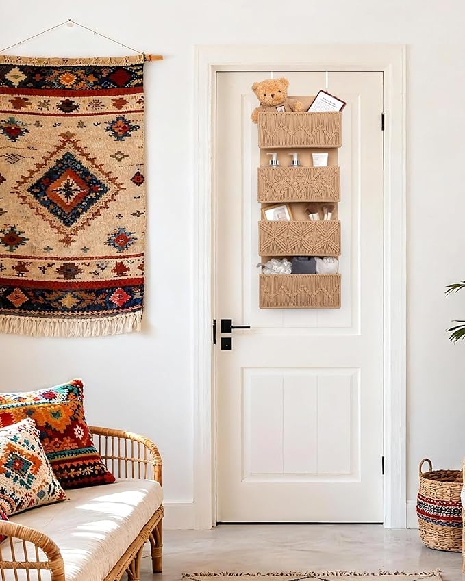 ANTIS'S HOME Nursery Over The Door Organizer Boho Decor Nursery Storage with 4 Large Woven Pockets, Macrame Nursery Organizer