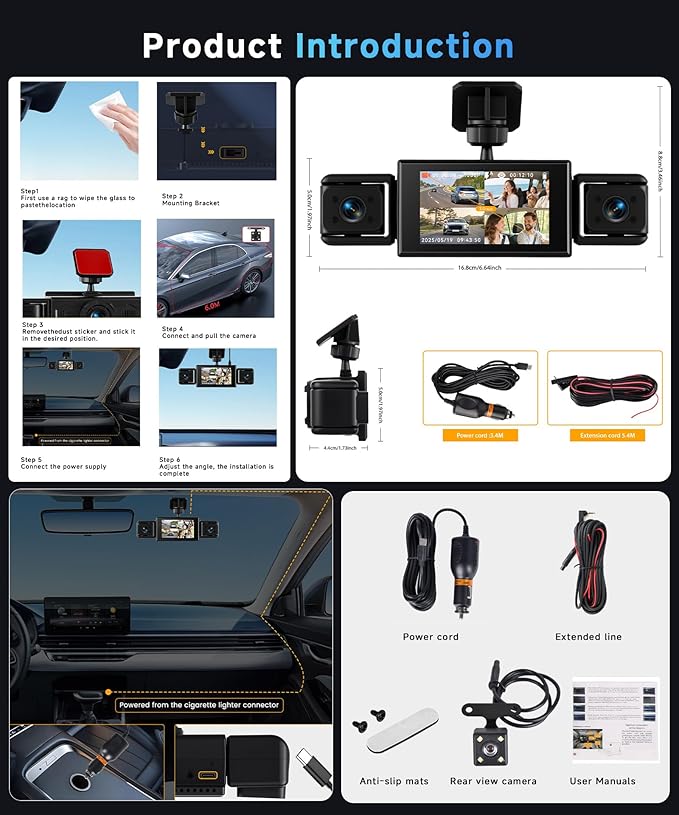 360° Dash Cam Front and Rear Inside Left Right, 4 Channel FHD 1080P Dash Cam for Cars, 3 Inch IPS Dashcams with Night Vision,