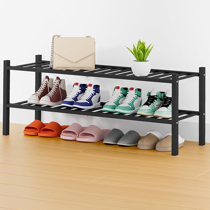 Smiry Shoe Rack, 2 Tier Thick Long Bamboo Shoe Organizer, Stackable Free Standing Wooden Shoe Storage Shelf for Closet, Entry