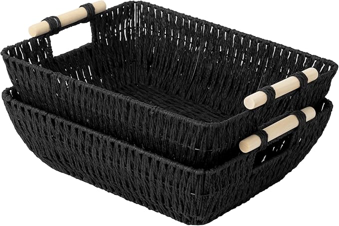 StorageWorks Large Wicker Storage Basket for Organizing, Toilet Paper Baskets for Shelf, Paper Rope Storage Baskets with Wood