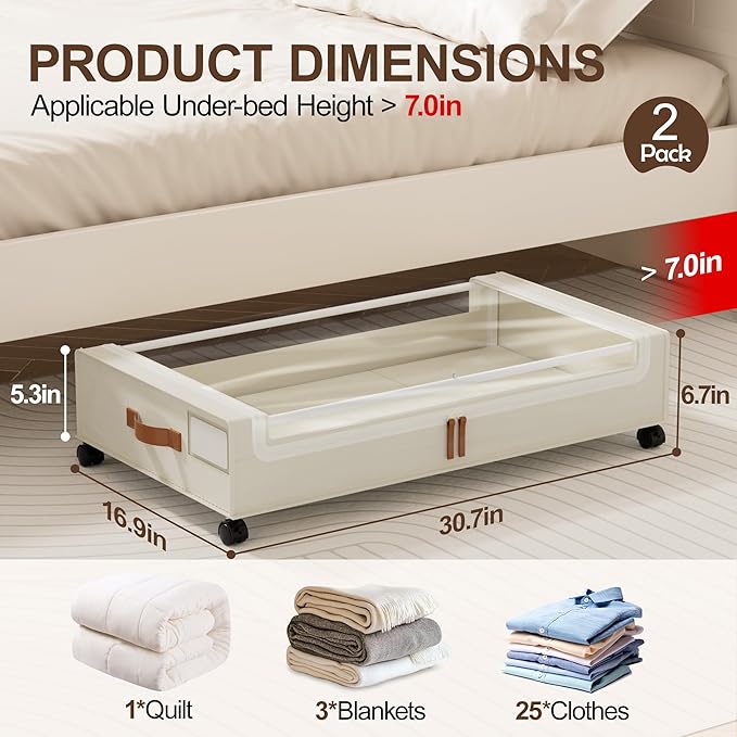 LAMU Under Bed Storage with Wheels, 2 Pack Under Bed Storage Containers with Clear Lid, XXL 60L Underbed Storage Bins, Rollin