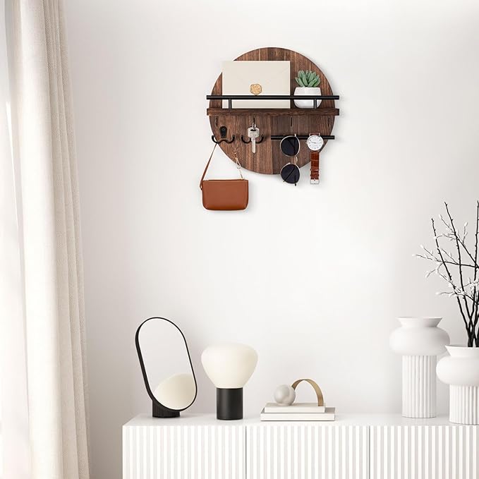 Nekon Key Holder Wall Mount, 11.8 Inch Rack With Shelf and 6 Hooks, Rustic Mail Organizer, Circular Wooden Hanger for Entrywa