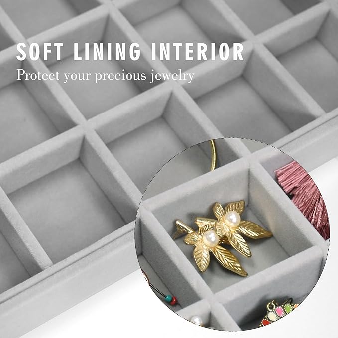 Siveit Velvet Jewelry Tray 48 Grid Jewelry Display Tray Organizer Box with Transparent Lid Rings Earrings Necklaces Pendants 