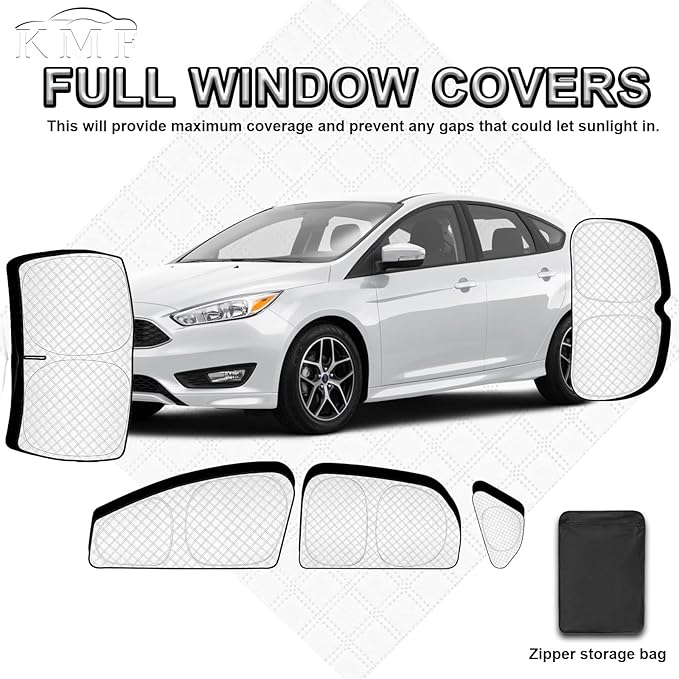 KMF 8pcs Thicken Sun Shade for Ford Focus Hatchback 2014-2018 Accessories, Custom Fit Full Car Window Covers Sunshade for Windshield Side, UV Block and Privacy Blackout for Camping Outdoor