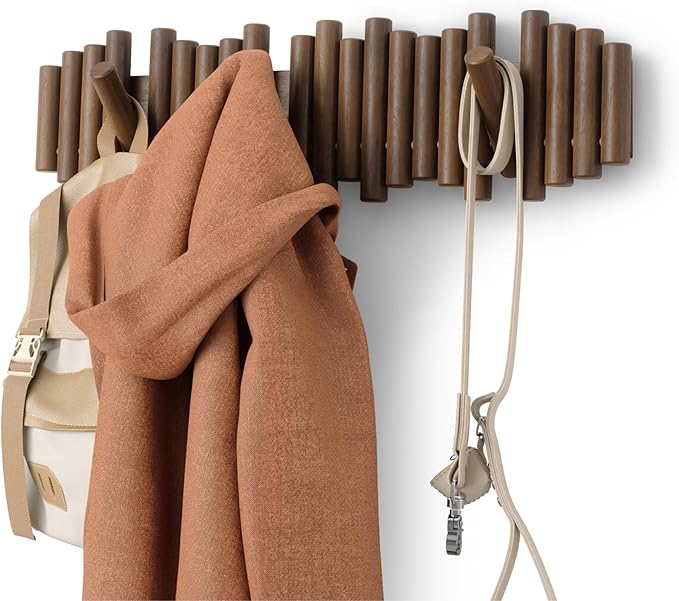 Umbra Picket Coat Rack with 8 Hooks – Walnut Wall-Mounted Coat Rack with Flip-Down Wooden Hooks, Real Pine Wood Decorative Wa