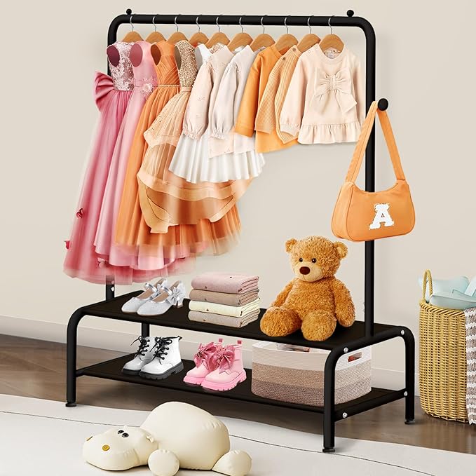 mirolam Kids Clothing Rack - Small Garment Rack - Small Kids Costume Wardrobe Rack with 2 Fabric Floors Storage Shelf - Mini 