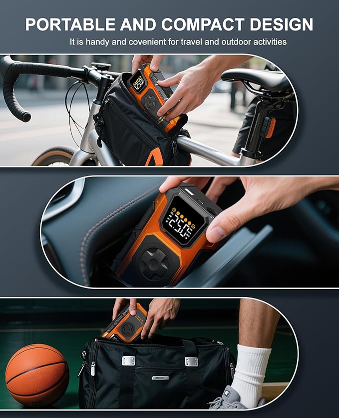 Tire Inflator Portable Air Compressor, 150 PSI Cordless Mini Air Pump for Car, Motorcycle, Bikes, Balls with Pressure Gauge&Auto Shutoff Function, 4500A Car Battery Jump Starter with LED Light