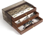 CLUQMEIK 3-layer Wooden Drawer Jewelry Organizers and Storage Box with Grey Acrylic Lid and Velvet Lining, Jewelry Box for Wo