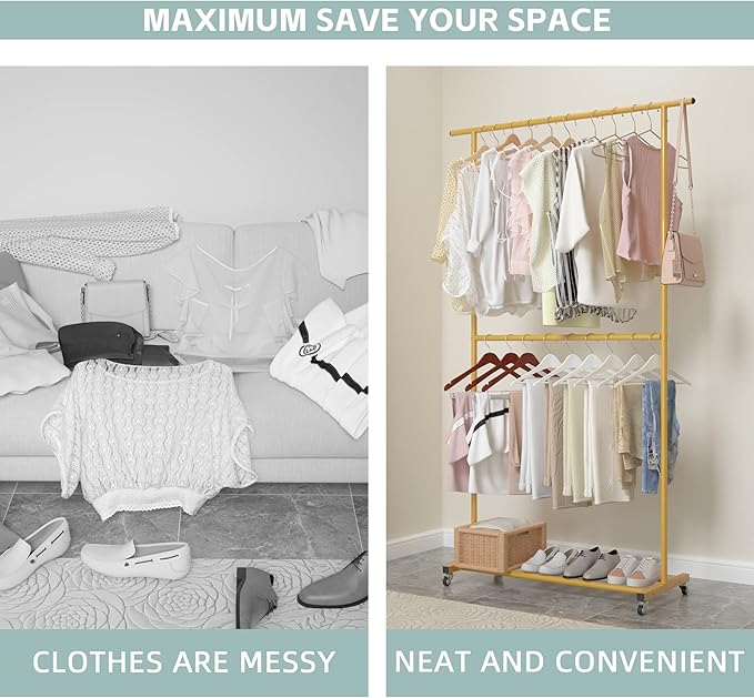 Sywhitta Double Rod Clothing Garment Rack, Rolling Clothes Organizer on Wheels for Hanging Clothes, Easy to Assemble, Adjusta