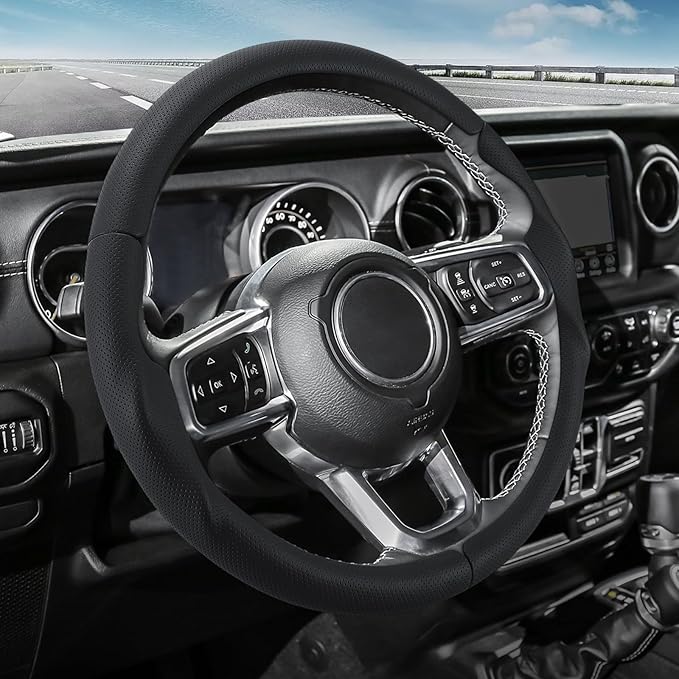 3-Piece Leather Steering Wheel Cover, Custom Fit for Jeep Wrangler 2018-2026 Gladiator 2020-2026,Quick Install Ultra-Thin & Non-Slip,Interior Car Accessories for Men Women(Black Hole)