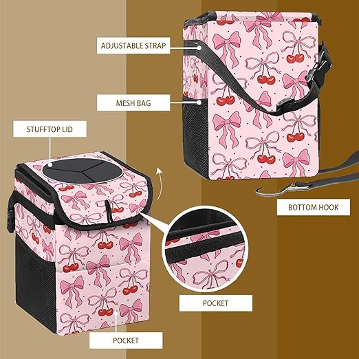 Pink Bow Car Trash Can with Lid Collapsible Reusable Waterproof Car Garage Bag,Automotive Garbage Can,Car Accessories Interior Car Organizer