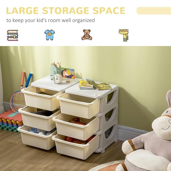 Qaba 3 Tier Kids Storage Unit, Toy Organizers and Storage with 6 Drawer Chest for Kids Bedroom Nursery Kindergarten Living Ro