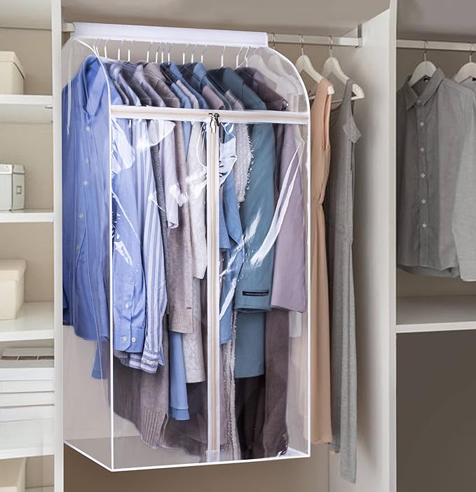 KEETDY 43" Hanging Garment Bags for Closet Storage Large Clear Window Hanging Clothes Storage Garment Rack Cover Coat Protect
