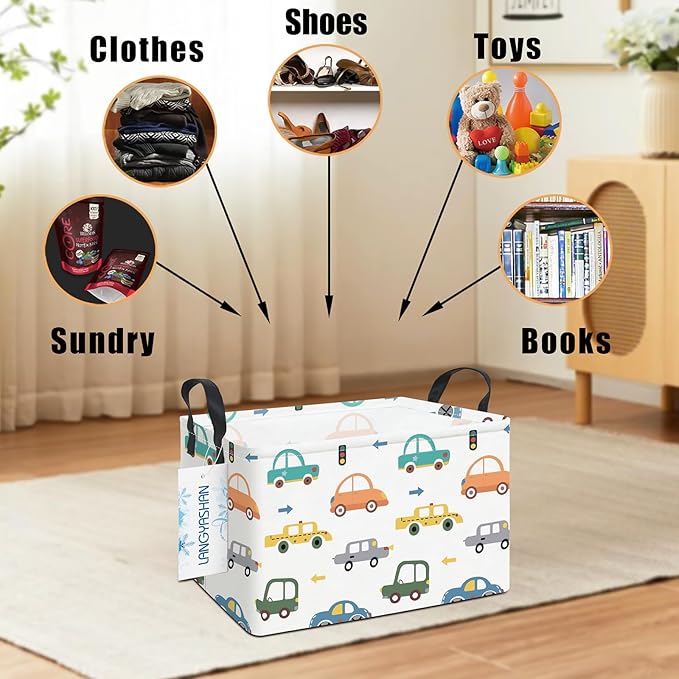 LANGYASHAN Rectangular Storage Bin Collapse Canvas Fabric Cartoon Storage Basket with Handles for Organizing Home Kitchen Boy