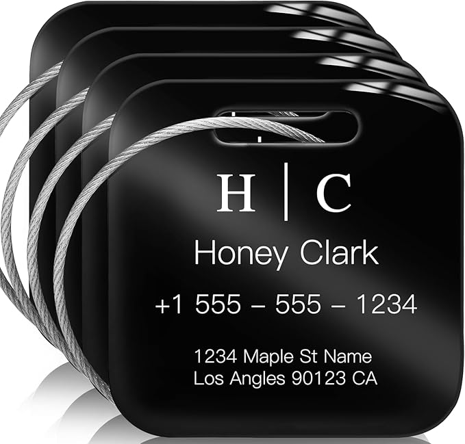 Stainless Luggage Tags for Suitcases 4 Pack: Metal Personalized Luggage Tags for Backpacks & Bags with Customizable Texts (Bl