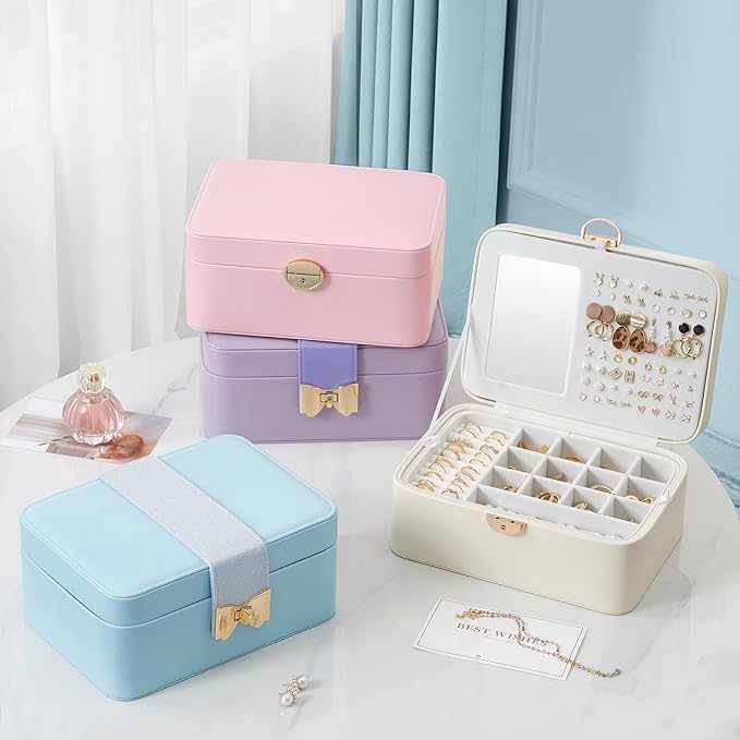 Lolalet 2 Layer Jewelry Box for Teen Girls & Young Women, Jewelry Organizer Case with Bow Clasp and Mirror for Earrings Rings