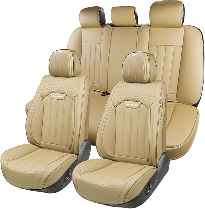 Beige Leather Seat Covers, 5 Seats Universal Car Seat Covers Full Set, Waterproof Automotive Seat Covers Breathable Front and
