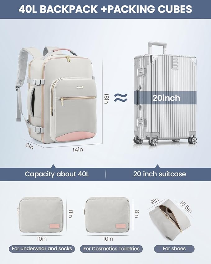 LOVEVOOK Travel Backpack for Women & Men 40L,Airline Approved Carry On Backpack Travel Essentials,TSA Carry on Luggage,Waterp