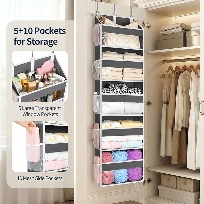 Yecaye 5 Tier Clear Over the Door Organizer Hanging, 5 Large Plastic Pockets and 10 Side Pockets Back of Door Organizer, 56lb