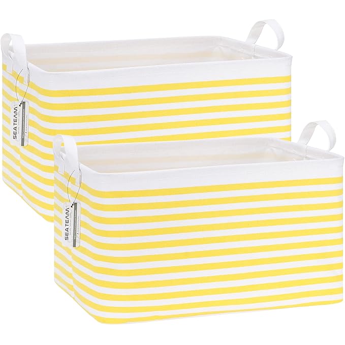 Sea Team 2-Pack Collapsible Canvas Fabric Storage Basket with Handles, Rectangle Waterproof Storage Bin, Box, Cube, Foldable 