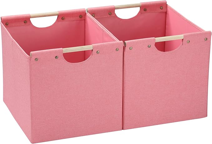 HOONEX Large Foldable Storage Bins, Linen Fabric, Pack of 2, Storage Baskets with Wooden Carry Handles and Sturdy Heavy Cardb