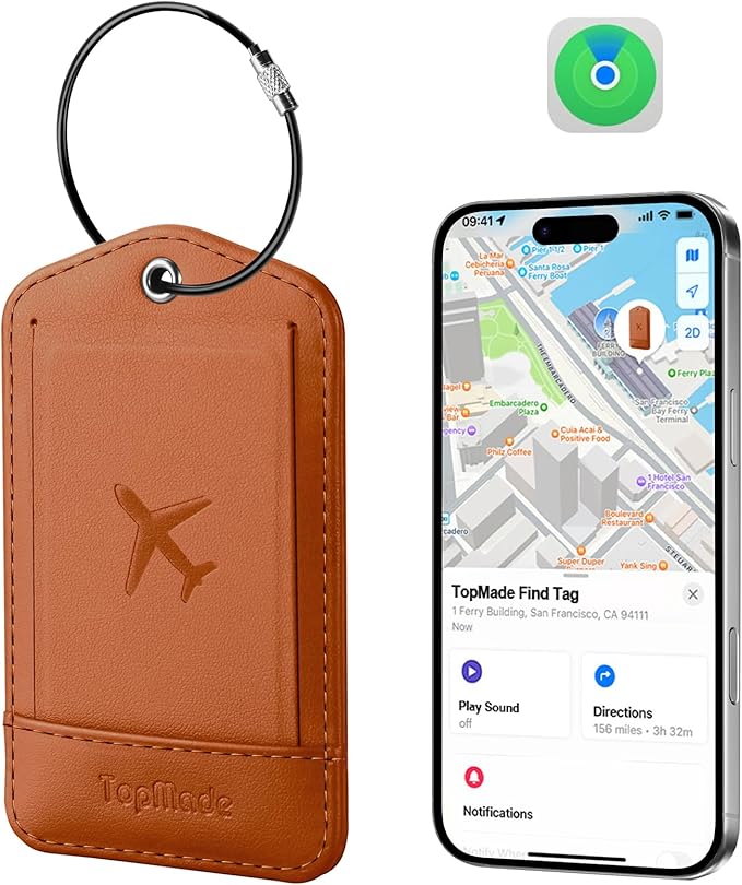 TopMade Smart Luggage Tag with Find My, Premium Leather Luggage Tags for Suitcase, Travel Bags, Backpacks, Anti-Lost Suitcase