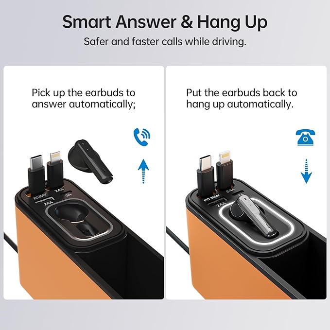 Car Seat Gap Filler Organizer with 69W Retractable Car Charger & Bluetooth Earpiece for Driving Calls, Car Accessories with Trucker Headset, Fits Sedans, SUVs, Pickup Trucks & Crossovers