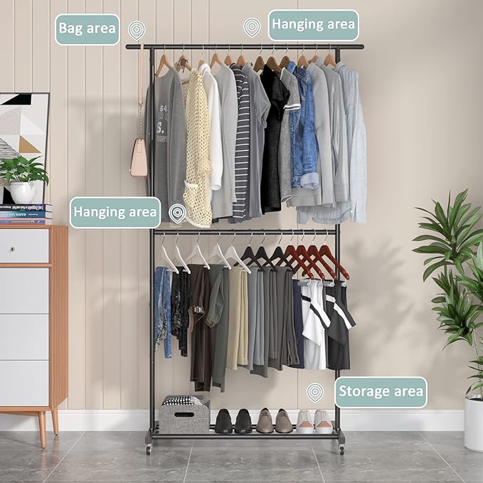 Sywhitta Double Rod Clothing Garment Rack, Rolling Clothes Organizer on Wheels for Hanging Clothes, Easy to Assemble, Adjusta