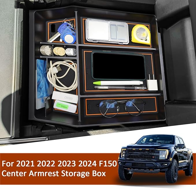 Center Console Organizer Tray for Ford F150 2021 2022 2023 2024 Accessories Interior Secondary Storage Armrest Box Insert Hidden Cubby Drawer (Full Console w/Bucket Seats ONLY) (Orange Trim)