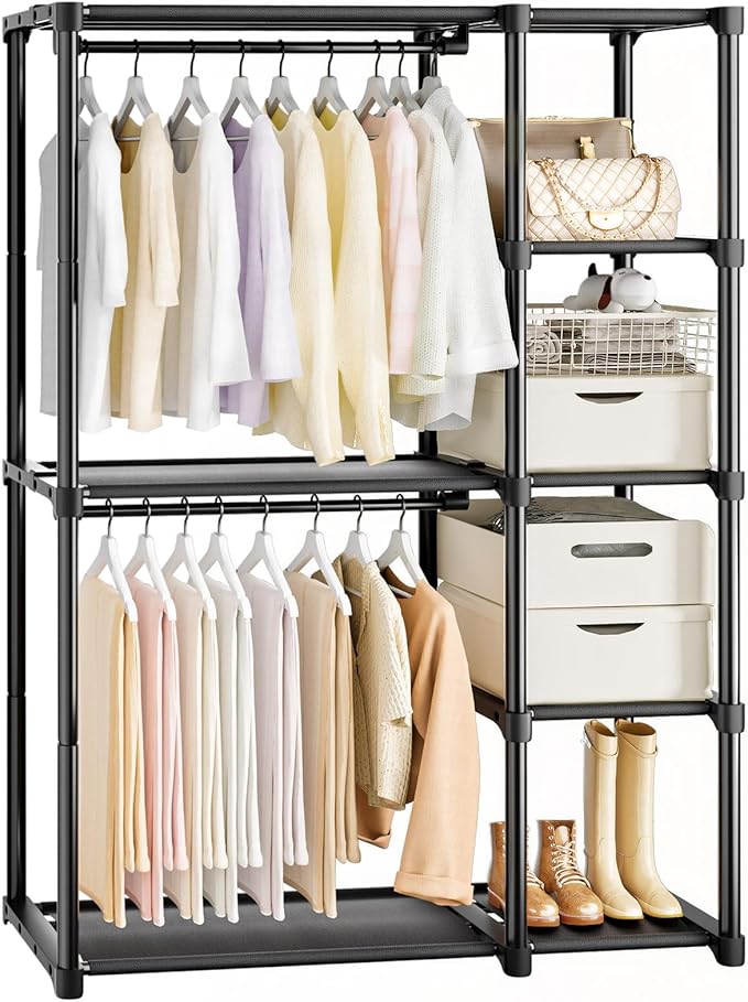 Mavivegue 4-Tier Portable Closet with Shelves & Hanging Rod - Portable Wardrobe Closet for Bedroom, Closet, Dorm - Easy Assem
