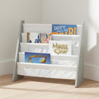 Humble Crew 4-Tier Kids Bookshelf, Grey Wood/White - Premium Book Shelf for Kids Rooms with Four Deep Pockets - Toddler Sling