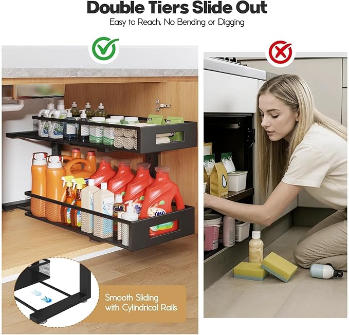 2 Packs 21IN Depth Under Sink Organizer, 2-Tier Pull Out Cabinet Organizer With Smooth Circular Rail, Large Capacity Metal Me