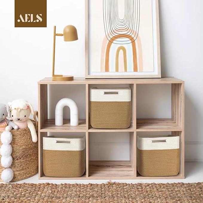 AELS Hand Woven Cotton Baskets for Storage, Cube Storage Bins with Handles, Foldable Collapsible Closet Organizers and Storag
