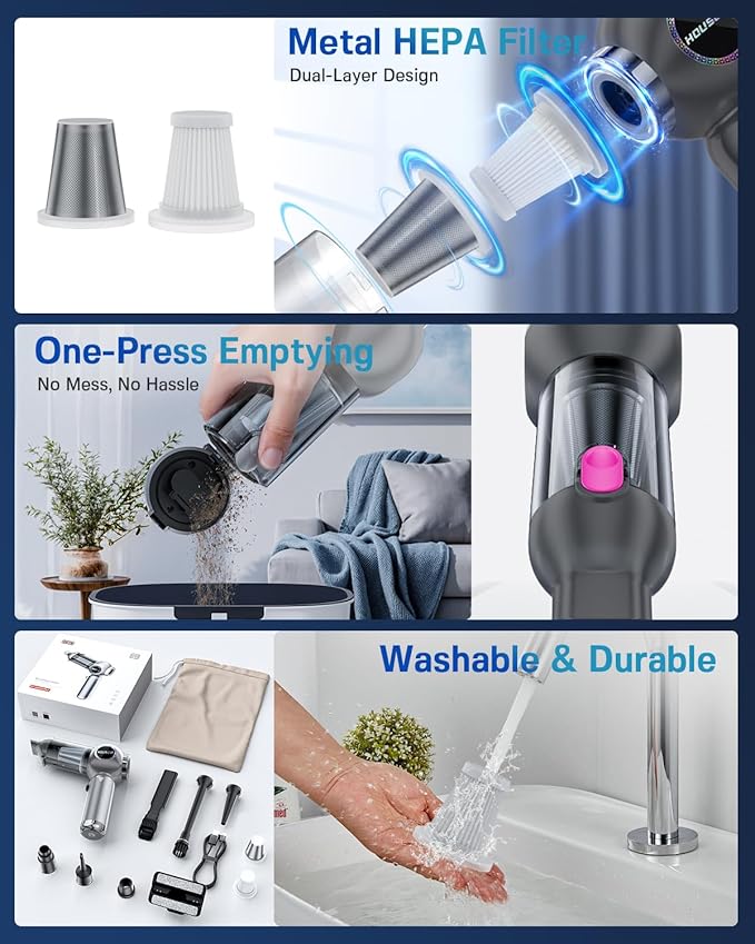 Handheld Car Vacuum Portable Cordless 25000Pa High Power Small Mini Hand Vacuum Rechargeable 4-in-1 Wireless Handheld Vac for