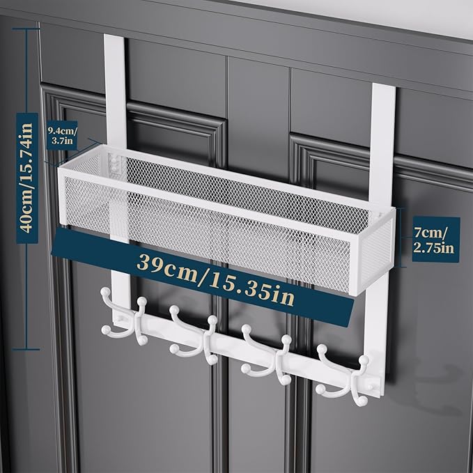 Consumest Over The Door Hooks Organizer - Door Hanger with Mesh Basket & 16 Coat Rack Hooks, Back Storage Organizer for Bedro