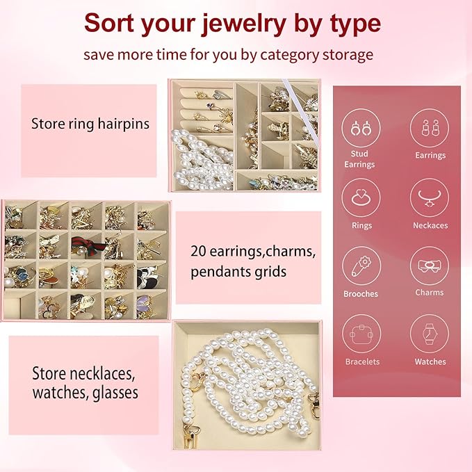BOOVO Clear Lid Jewelry Box,3 Layers Jewelry Organizer Large Multi-Functional Jewelry Storage Box with 2 Drawers,Jewelry Disp