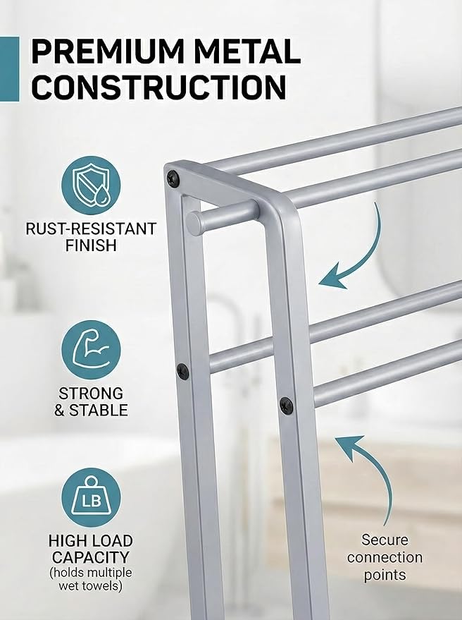 Metal Leaning Ladder Towel Rack, 4-Tier Blanket Stand for Bathroom Living Room, No Drilling Quilt Storage Organizer(Silver)