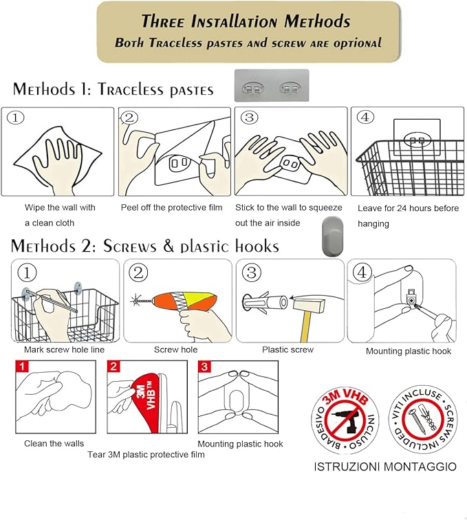 2 Pack【Extra Large】Hanging Kitchen Basket,Wire Storage Basket,with Traceless Tape and 3M High-Strength Plastic Hooks,no Drill