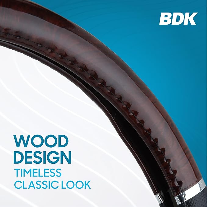 BDK Dark Wood Grain Car Steering Wheel Cover, Standard 15 inch with Black Faux Leather Grip, Made to Fit Most Auto Truck Van 