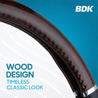 BDK Dark Wood Grain Car Steering Wheel Cover, Standard 15 inch with Black Faux Leather Grip, Made to Fit Most Auto Truck Van 